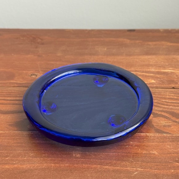 Vintage Cobalt Blue Glass Small Trinket Dish Tray Tealight Candle Holder - Picture 2 of 16